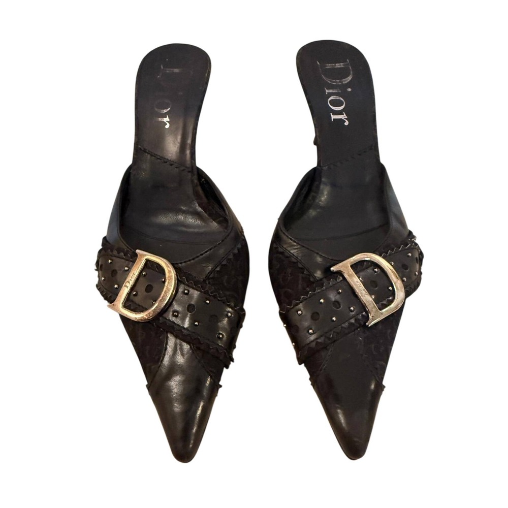 Vintage Christian Dior Black Monogram Mules Pointed Toe Buckle Heels Sz 38 Italy
